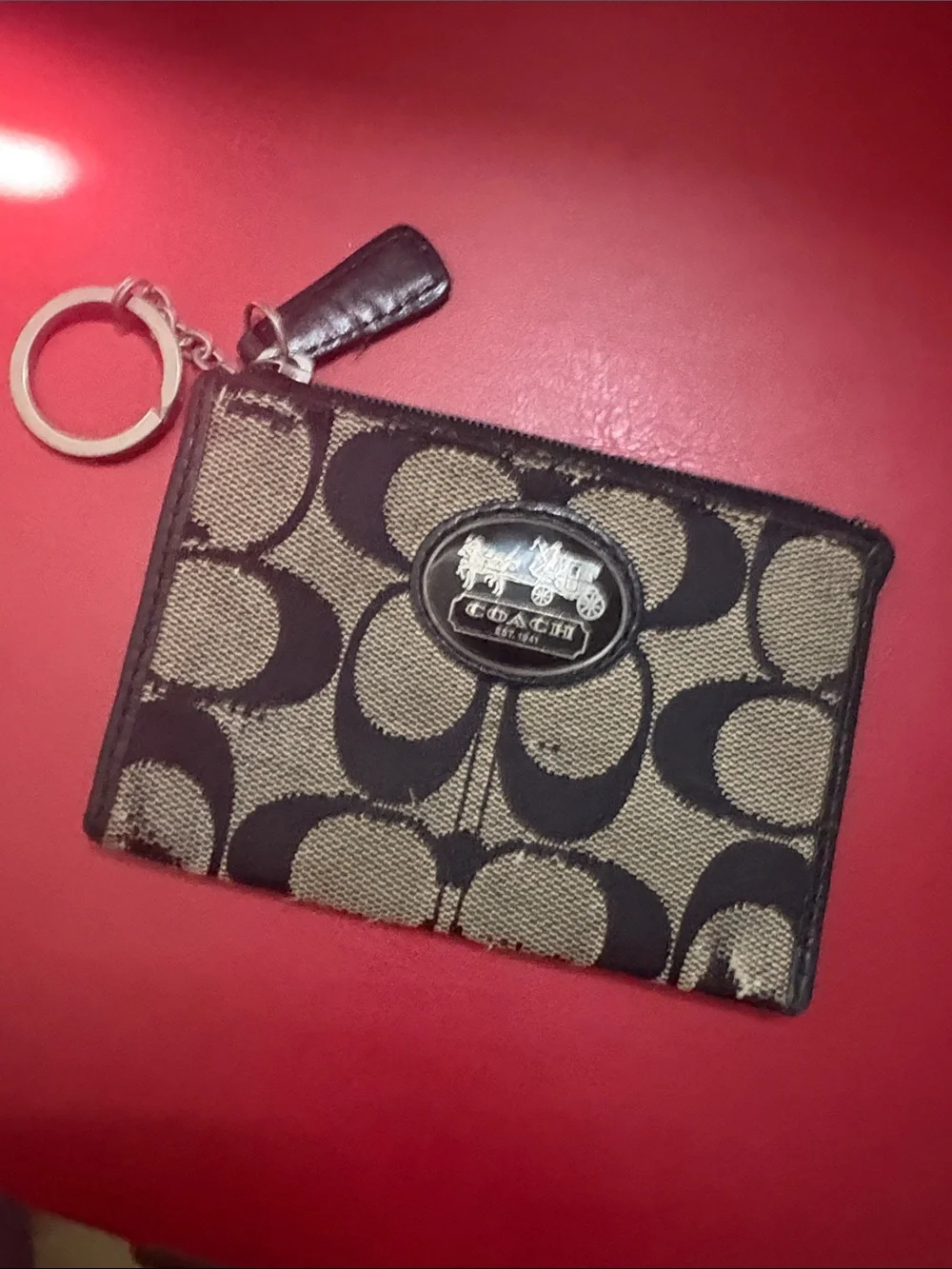 Coach Signature Canvas Card Case with Keyring in Khaki and Black